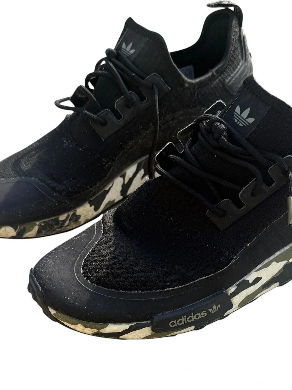 adidas Men’s Black Knit Sneakers with Black & Cream Camo Midsole